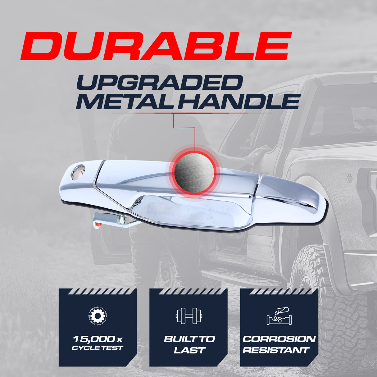 Exterior Door Handle Upgraded Chrome Metal Replacement for Chevrolet Avalanche (2007-2014), Silverado (2007-2014), Suburban (2007-2014), Tahoe (2007-2014) / Cadillac Escalade (2007-2014) / GMC Sierra (2007-2014), Yukon/Denali (2007-2014)