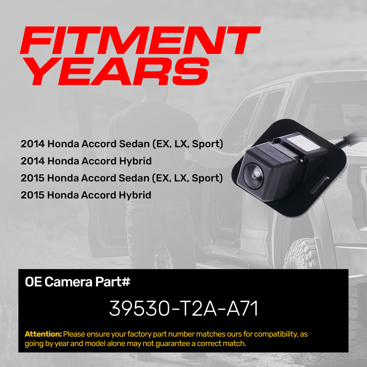Honda Accord Sedan (EX, LX, Sport), Accord Hybrid (2014-2015) OEM Replacement Backup Camera OE Part # 39530-T2A-A71