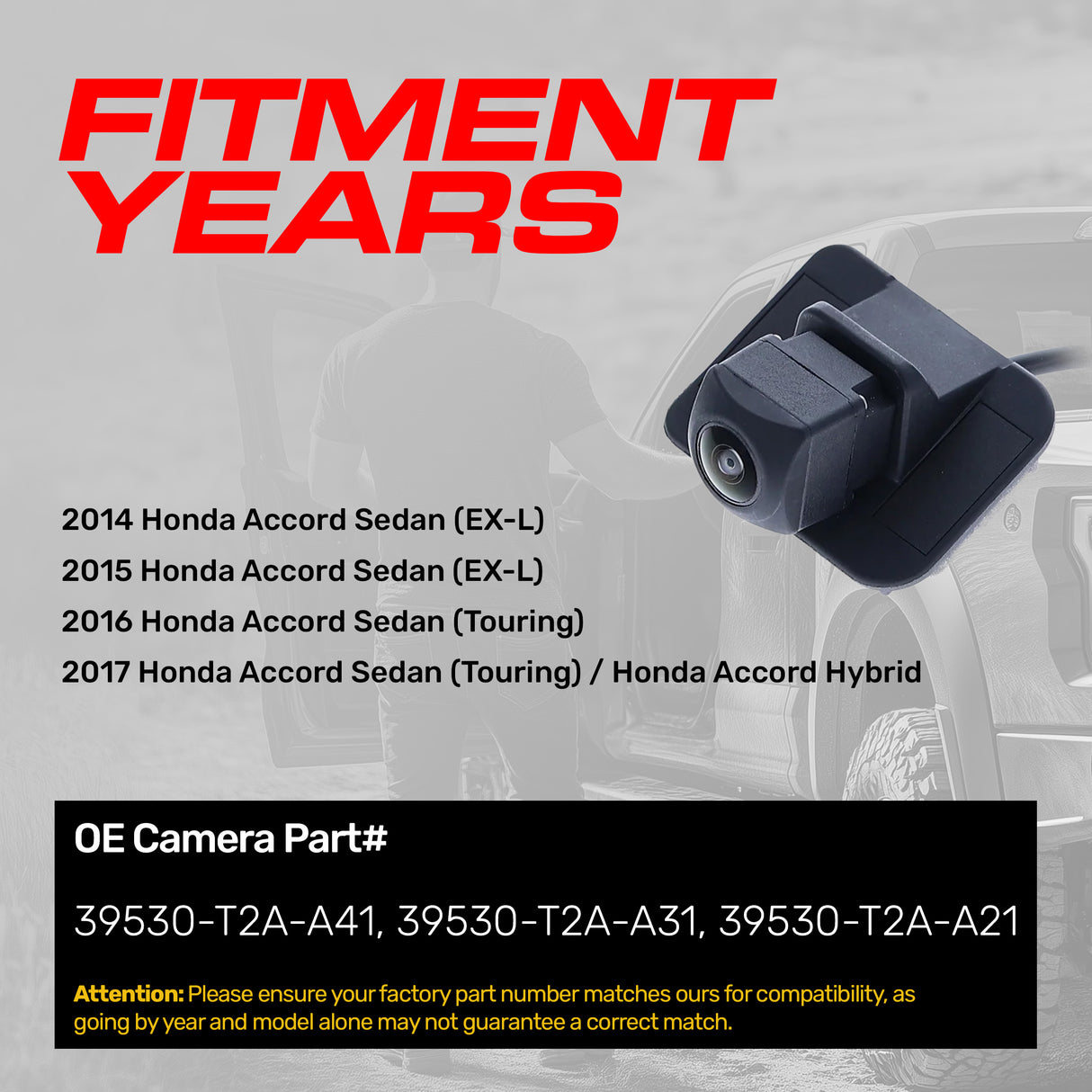 Honda Accord Sedan EX-L (2014-2015), Accord Sedan Touring (2016-2017), Accord Hybrid (2017) OEM Replacement Backup Camera OE Part # 39530-T2A-A41, 39530-T2A-A31, 39530-T2A-A21 - Master Tailgaters