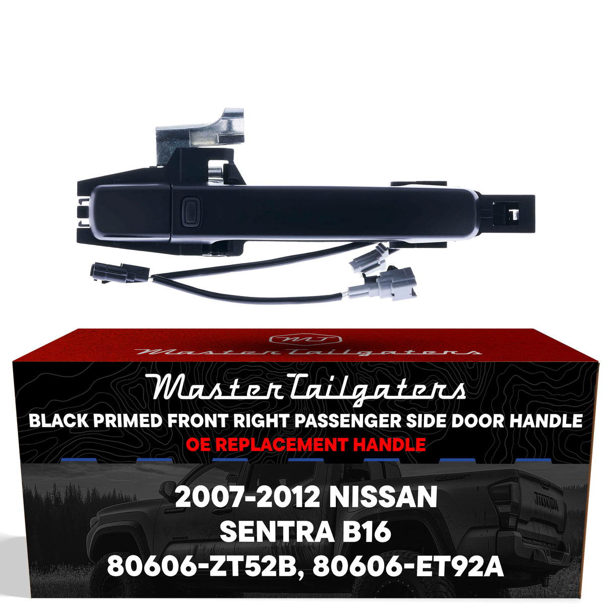 Exterior Door Handle Black Primed Replacement for Nissan Sentra B16 (2007-2012) (Smart Entry System w/ Sensor) OE Part # 80606-ZT52B, 80606-ET92A | Front Right Passenger Side w/o Keyhole