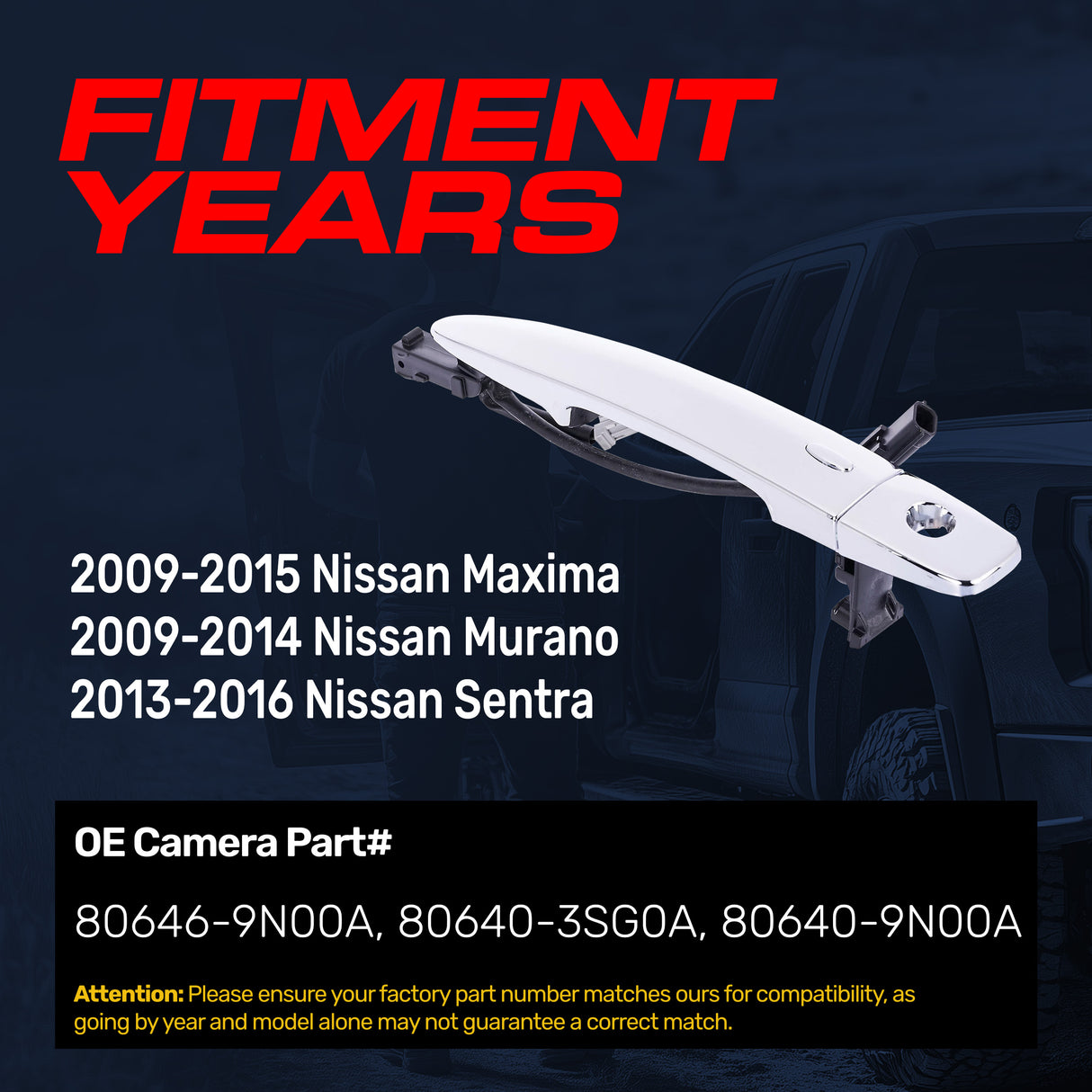 Exterior Door Handle Chrome Replacement for Nissan Maxima (09-15), Murano (09-14), Sentra (13-16) OE Part # 80646-9N00A, 80640-3SG0A, 80640-9N00A | Front Left Driver Side