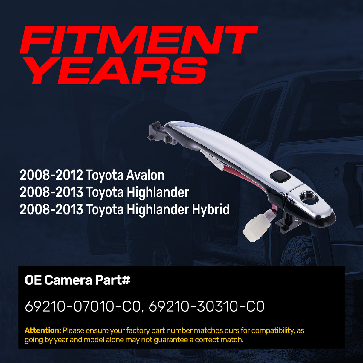 Exterior Door Handle Black/Chrome Replacement for Toyota Avalon (08-12), Highlander (08-13), Highlander Hybrid (08-13) OE Part # 69210-07010-C0, 69210-30310-C0 | Front Left Driver Side