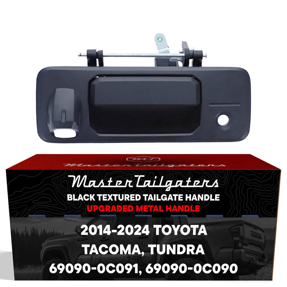 Tailgate Handle Upgraded Black Metal Replacement for Toyota Tacoma (2016-2023), Tundra (2014-2024) OE Part # 69090-0C091, 69090-0C090 | Tailgate Handle w/ Rear Camera Hole, w/ Keyhole