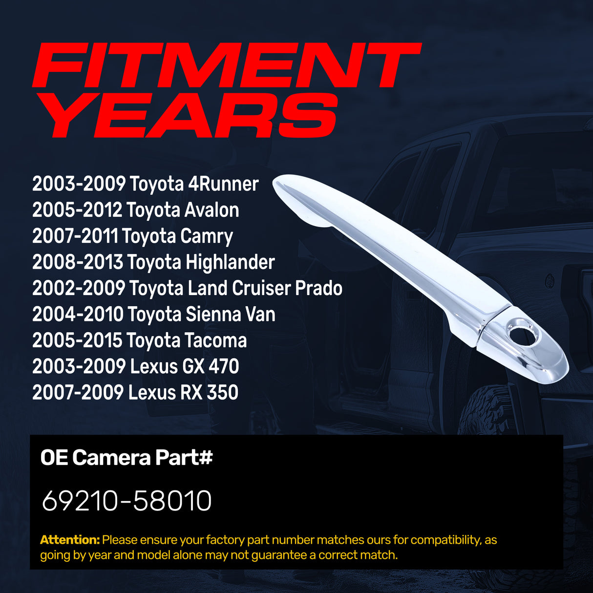 Exterior Door Handle Upgraded Chrome Metal Replacement for Toyota 4Runner 03-09, Avalon 05-12, Camry 07-11, Tacoma 05-15 / Lexus GX 470 03-09, RX350 07-09 OE Part# 69210-58010 | Front RH=LH w/Keyhole