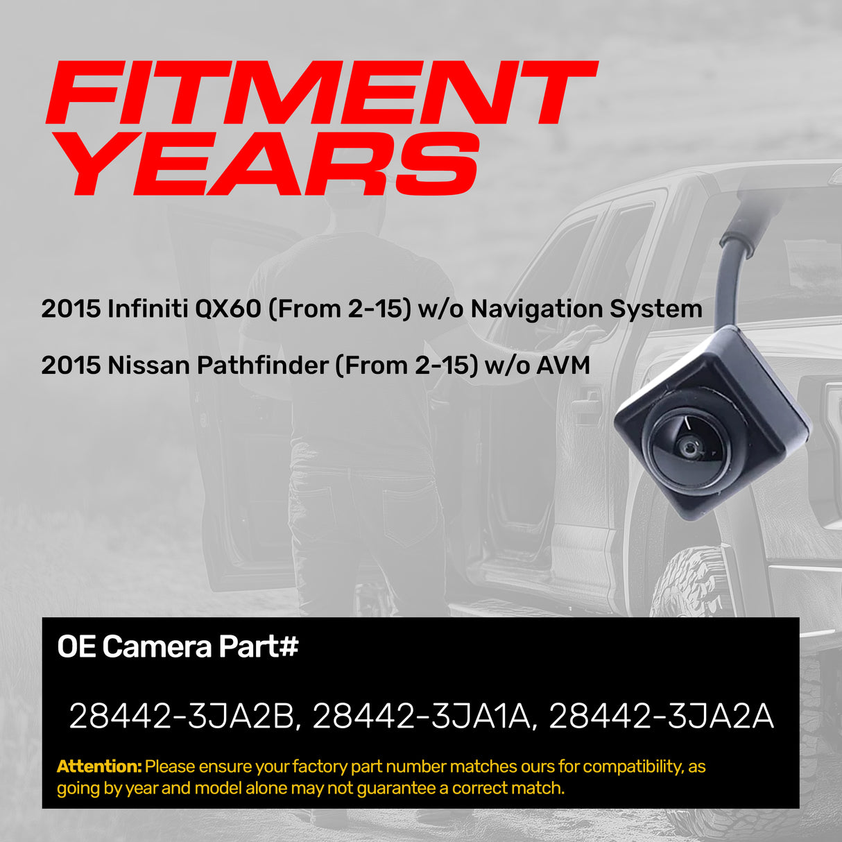 Infiniti QX60 (2015) w/o Navigation System, Nissan Pathfinder (2015) w/o AVM OEM Replacement Backup Camera OE Part # 28442-3JA1A, 28442-3JA2A