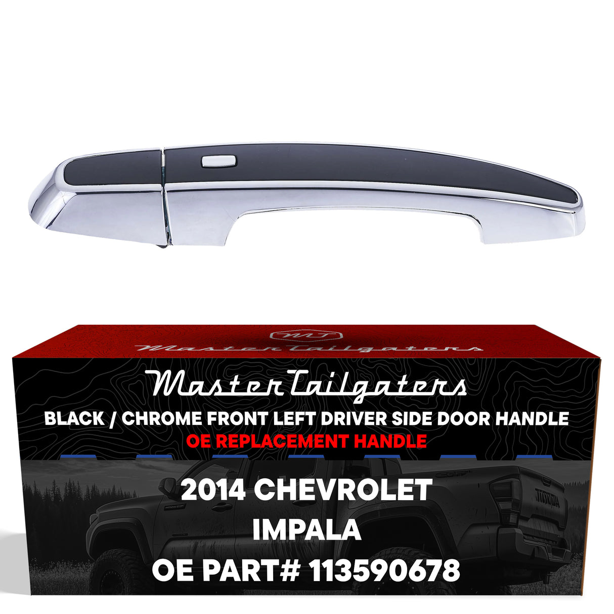 Exterior Door Handle Black/Chrome Replacement for Chevrolet Impala (2014) OE Part # 13590678 | Front Left Driver Side