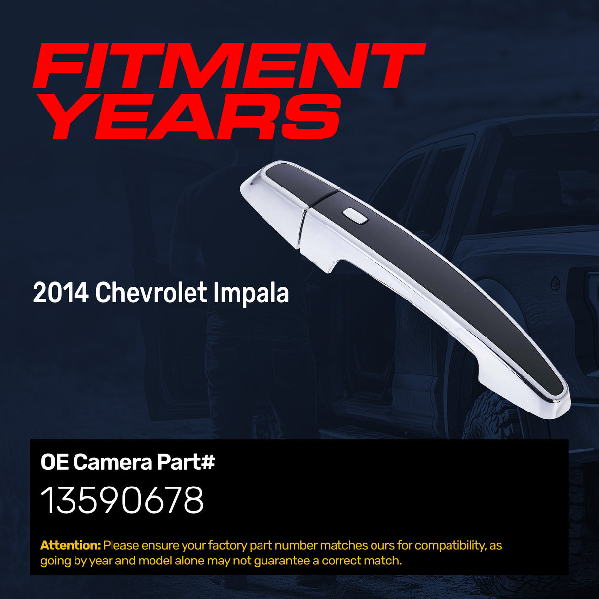 Exterior Door Handle Black/Chrome Replacement for Chevrolet Impala (2014) OE Part # 13590678 | Front Left Driver Side