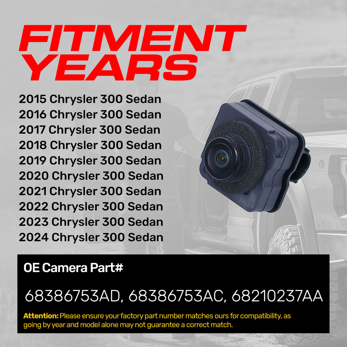 Chrysler 300 Sedan (2015-2024) OEM Replacement Backup Camera OE Part # 68386753AC, 68386753AD, 68210237AA - Master Tailgaters