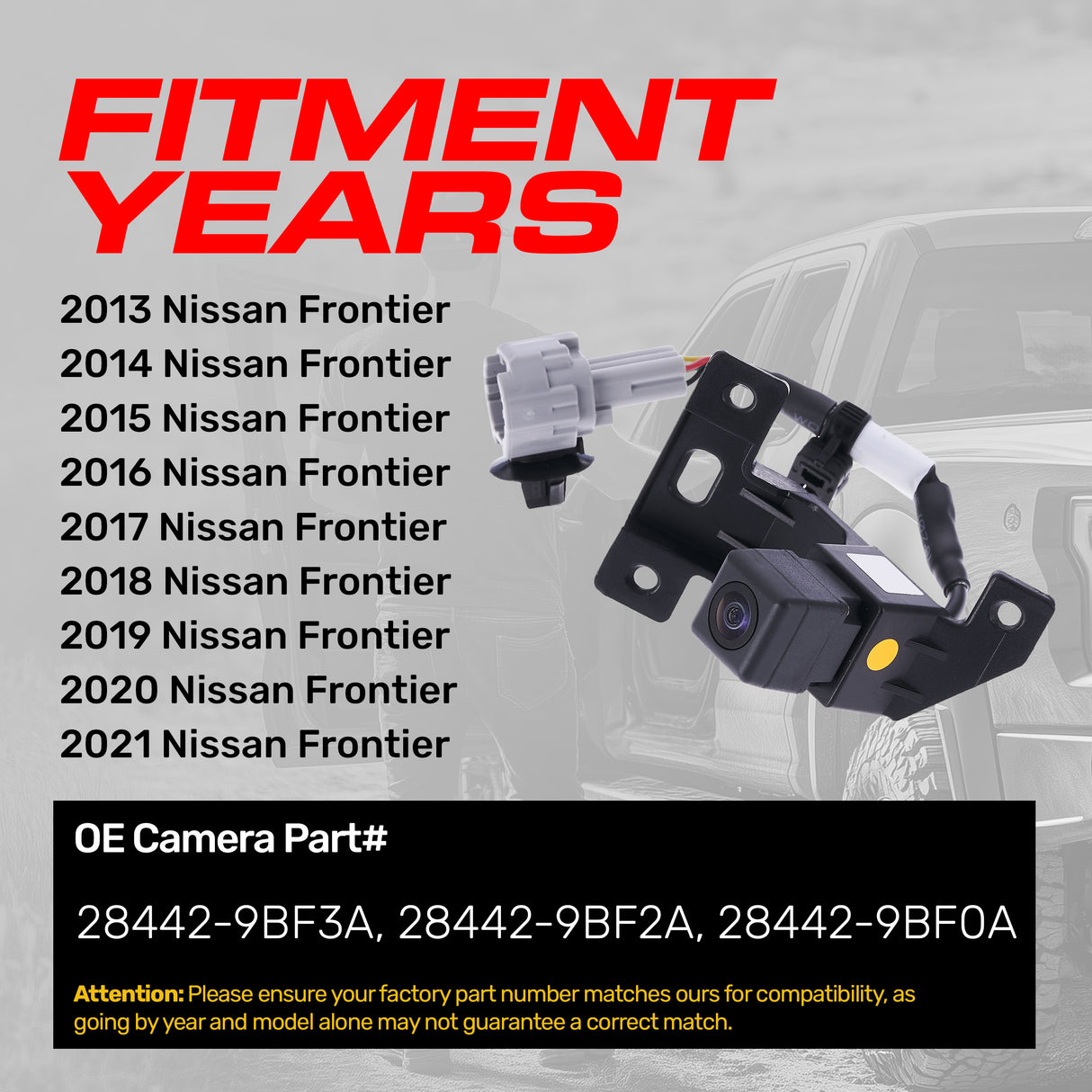 Nissan Frontier (2013-2021) OEM Replacement Backup Camera OE Part # 28442-9BF0A, 28442-9BF2A, 28442-9BF3A - Master Tailgaters