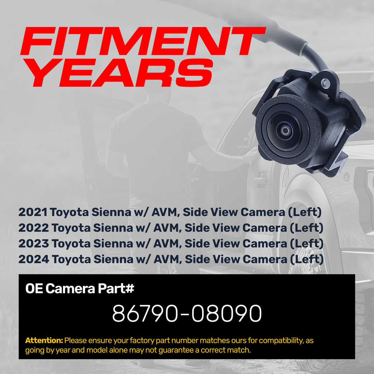 Toyota Sienna w/ AVM (2021-2024) OEM Replacement Left Side View Camera OE Part # 86790-08090