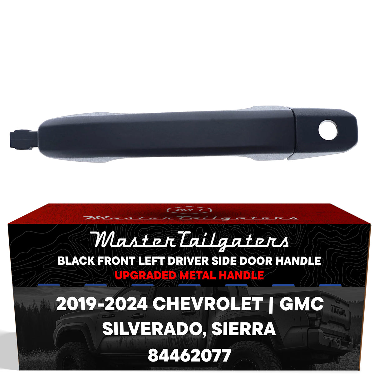 Exterior Door Handle Upgraded Black Metal Replacement for Chevrolet Silverado (2019-2024) / GMC Sierra (2019-2024) OE Part # 84462077 | Front LH w/Keyhole