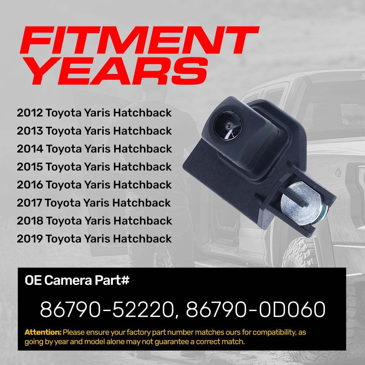 Toyota Yaris Hatchback (2012-2019) OEM Replacement Backup Camera OE Part # 86790-52220, 86790-0D060