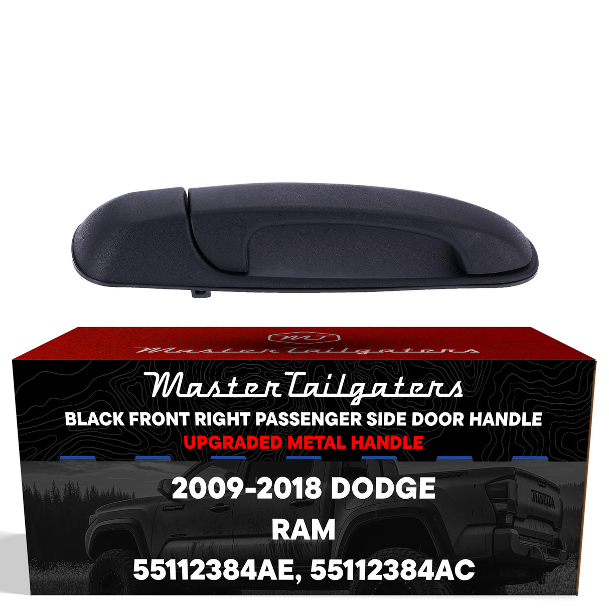 Master Tailgaters Exterior Door Handle Upgraded Black Metal Replacement for Dodge Ram (2009-2018) OE Part # 55112384AE, 55112384AC | Front RH w/o Keyhole