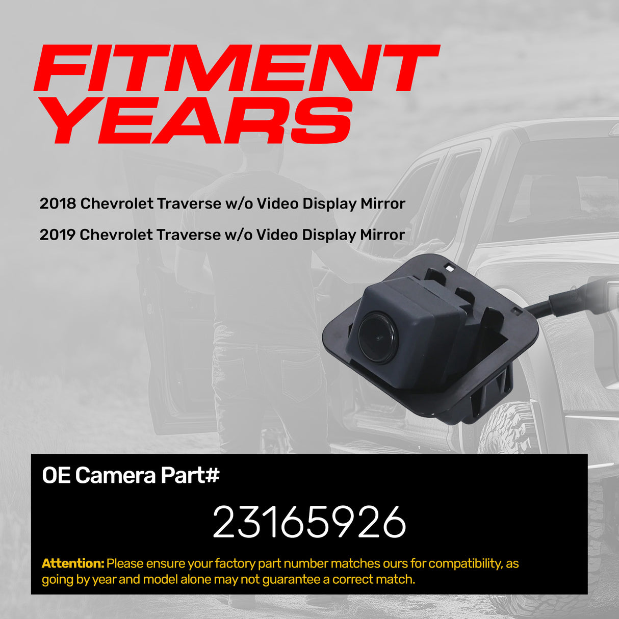 Chevrolet Traverse w/o Video Display Mirror (2018-2019) OEM Replacement Backup Camera OE Part # 23165926