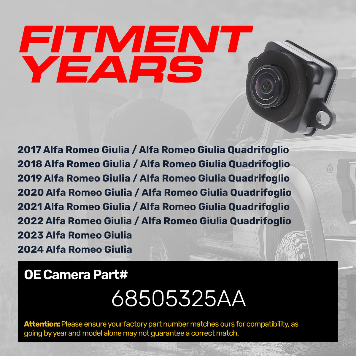 Alfa Romeo Giulia (2017-2024), Giulia Quadrifoglio (2017-2022) OEM Replacement Backup Camera OE Part # 68505325AA