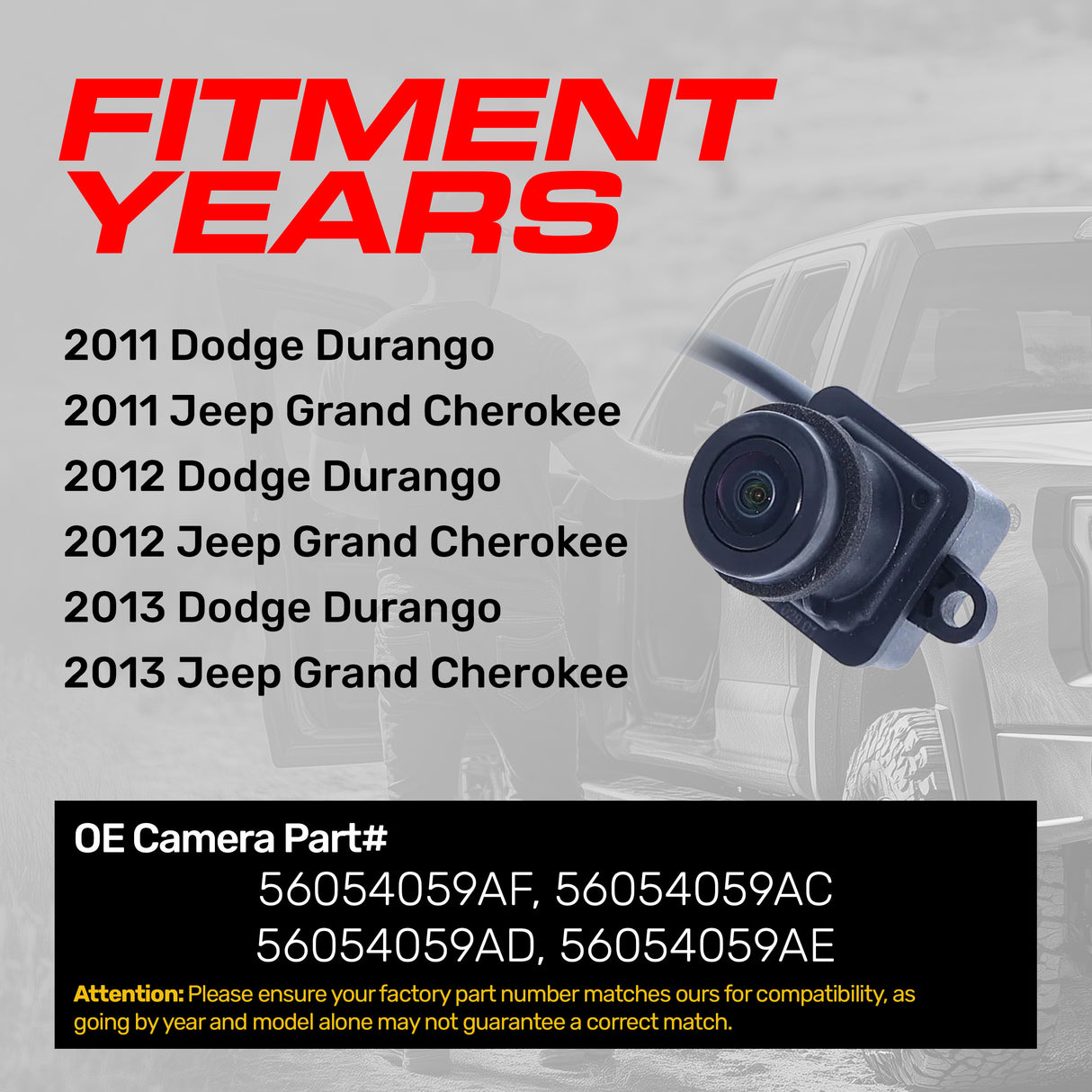 Dodge Durango / Jeep Grand Cherokee (2011-2013) OEM Replacement Backup Camera OE Part # 56054059AC, 56054059AD, 56054059AE, 56054059AF