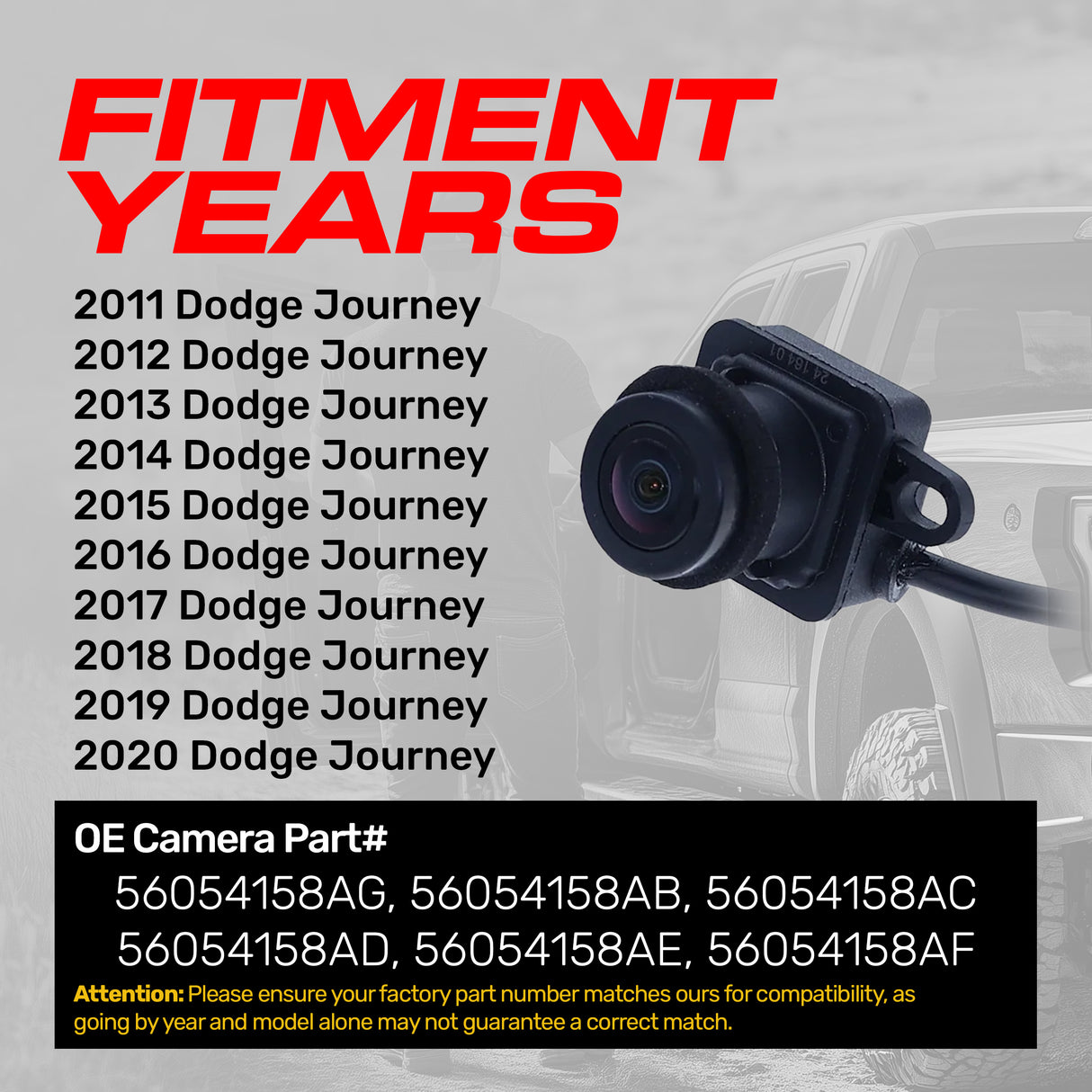 Dodge Journey (2011-2020) OEM Replacement Backup Camera OE Part # 56054158AB, 56054158AC, 56054158AD, 56054158AE, 56054158AF, 56054158AG - Master Tailgaters