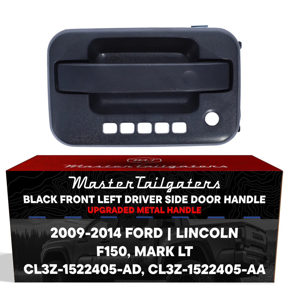 Exterior Door Handle Upgraded Black Metal Replacement for Ford F150 (2009-2014) / Lincoln Mark LT (2010-2014) OE Part # CL3Z-1522405-AD, CL3Z-1522405-AA | Front LH w/ Keypad Hole, w/ Keyhole
