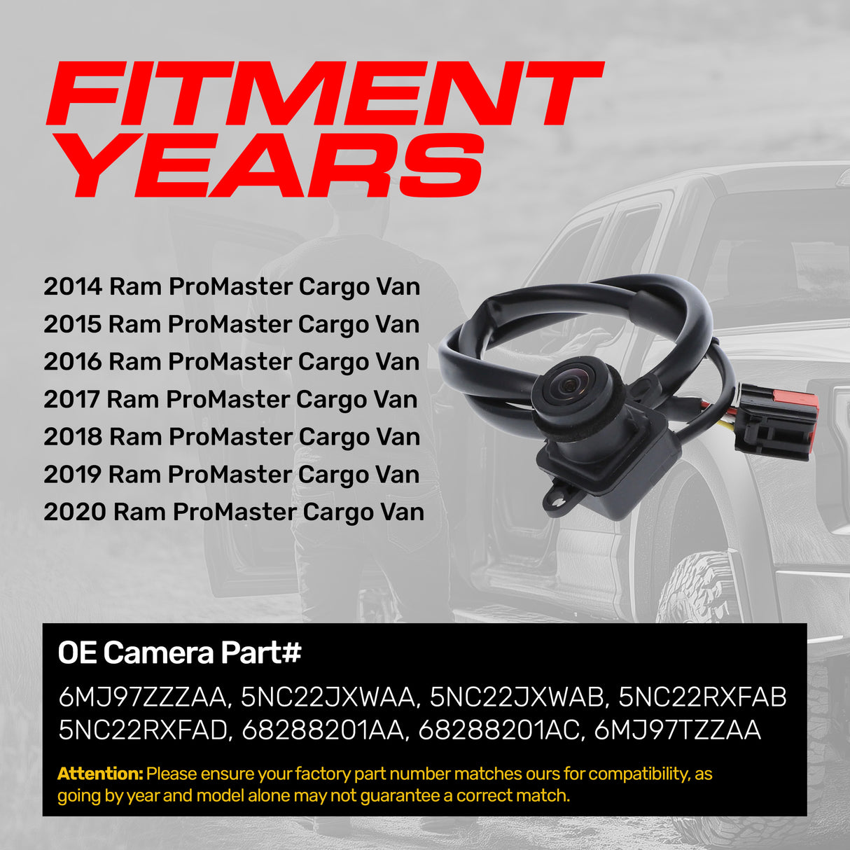 Ram ProMaster Cargo Van (2014-2020) OEM Replacement Backup Camera OE Part # 5NC22JXWAA, 5NC22JXWAB, 5NC22RXFAB, 5NC22RXFAD, 68288201AA, 68288201AC, 6MJ97TZZAA, 6MJ97ZZZAA - Master Tailgaters