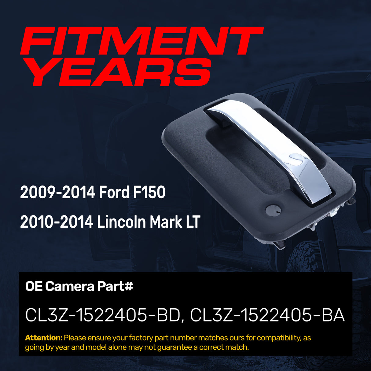 Exterior Door Handle Upgraded Black / Chrome Metal Replacement for Ford F150 (2009-2014) / Lincoln Mark LT (2010-2014) OE Part# CL3Z-1522405-BD, CL3Z-1522405-BA | Front LH w/o Keypad Hole, w/ Keyhole