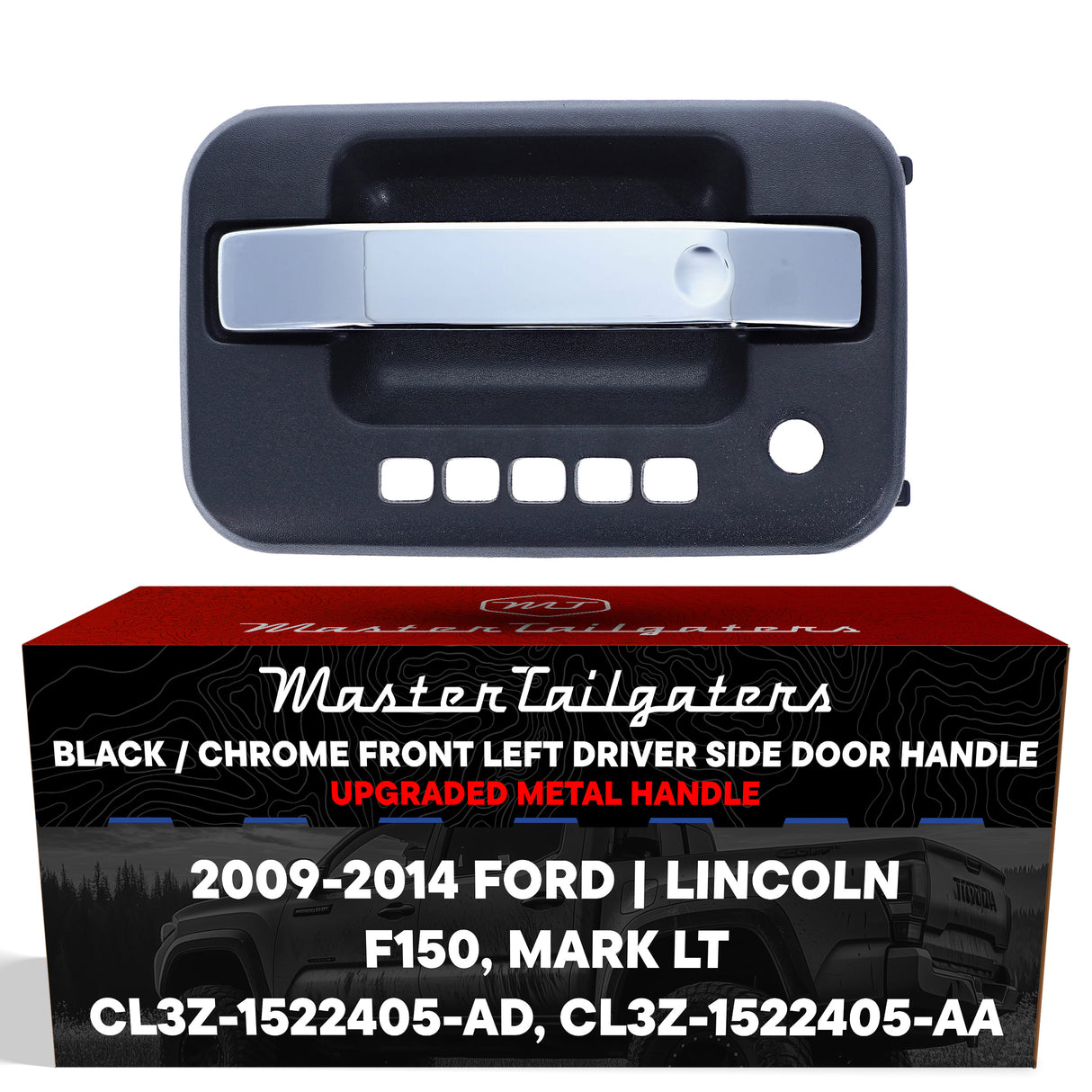 Exterior Door Handle Upgraded Black / Chrome Metal Replacement for Ford F150 (2009-2014) / Lincoln Mark LT (2010-2014) OE Part # CL3Z-1522405-AD, CL3Z-1522405-AA | Front LH w/ Keypad Hole, w/ Keyhole