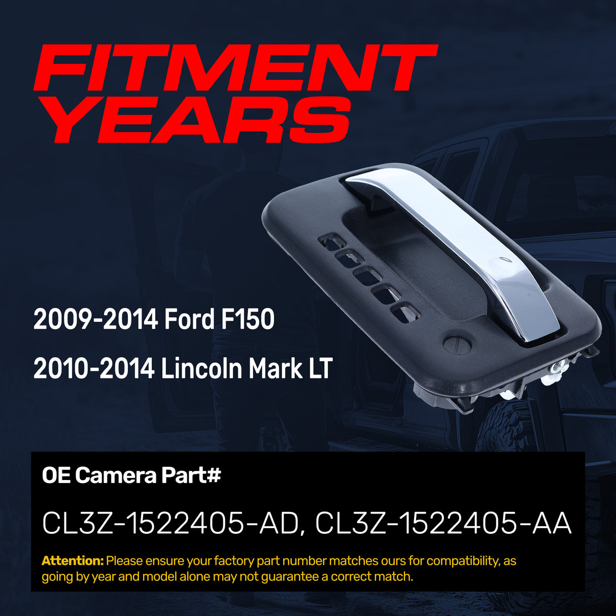 Exterior Door Handle Upgraded Black / Chrome Metal Replacement for Ford F150 (2009-2014) / Lincoln Mark LT (2010-2014) OE Part # CL3Z-1522405-AD, CL3Z-1522405-AA | Front LH w/ Keypad Hole, w/ Keyhole