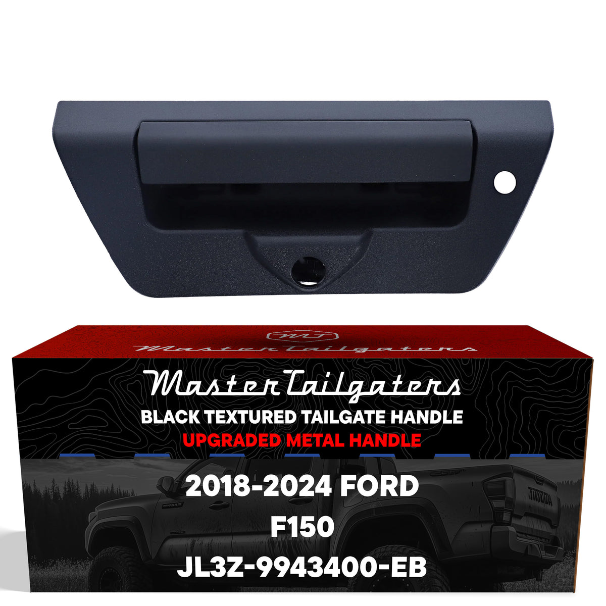 Tailgate Handle Upgraded Black Metal Replacement for Ford F150 (2018-2024) OE Part # JL3Z-9943400-EB | Tailgate Handle w/ Keyhole, w/ Camera Hole