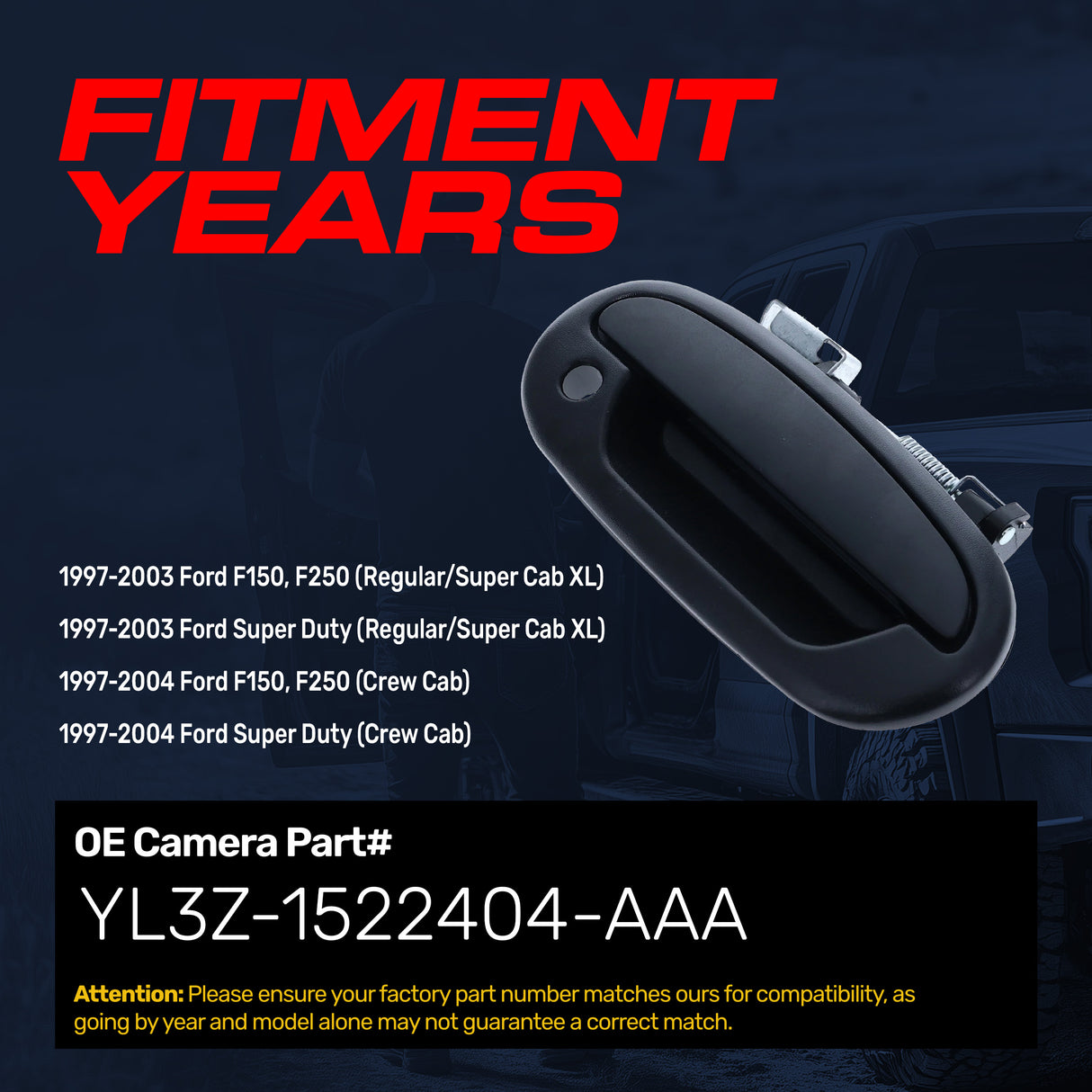 Exterior Door Handle Upgraded Black Metal Replacement for Ford F150, F250, Super Duty (Regular/Crew/Super Cab XL) 1997-2004 OE Part # YL3Z-1522404-AAA | Front RH w/ Keyhole