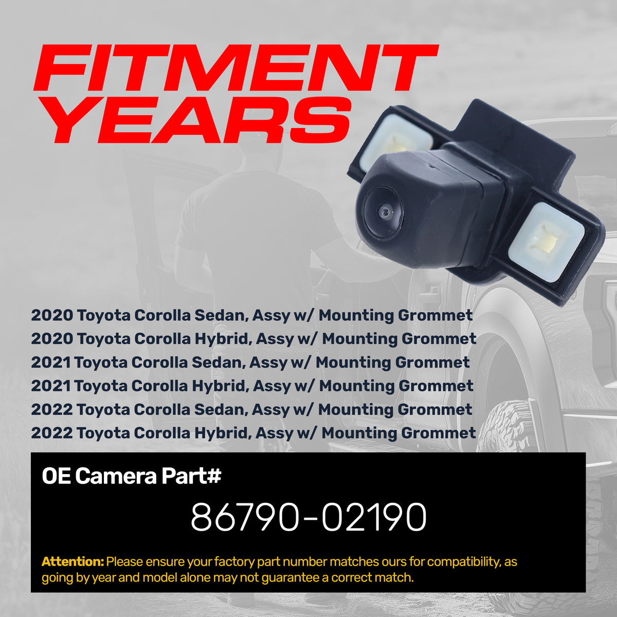 Toyota Corolla Sedan/Hybrid (2020-2022) Assy w/ Mounting Grommet OEM Replacement Backup Camera OE Part # 86790-02190