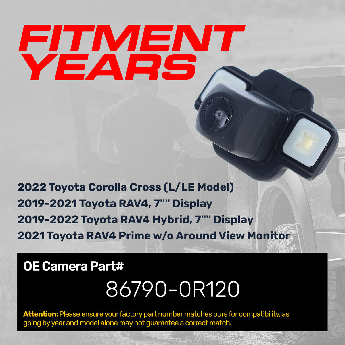 Toyota Corolla Cross L/LE Model (2022), RAV4 + Hybrid 7" Display (2019-2022), RAV4 Prime w/o Around View Monitor (2021) OEM Replacement Backup Camera OE Part # 86790-0R120