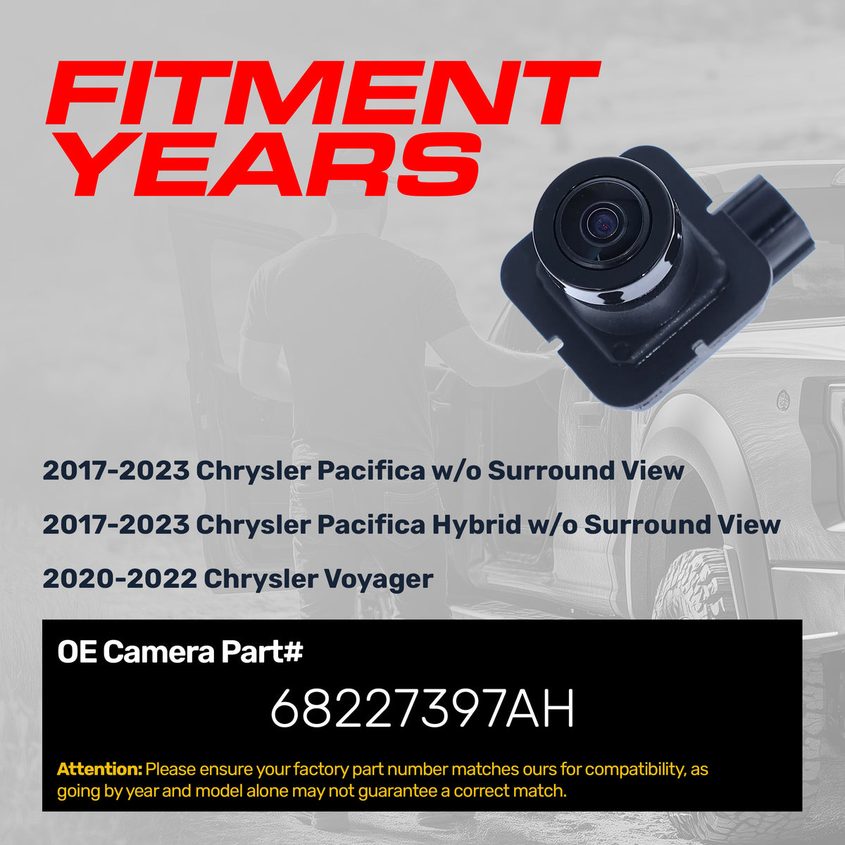 Chrysler Pacifica + Hybrid w/o Surround View (2017-2023), Voyager (2020-2022) OEM Replacement Backup Camera OE Part # 68227397AH