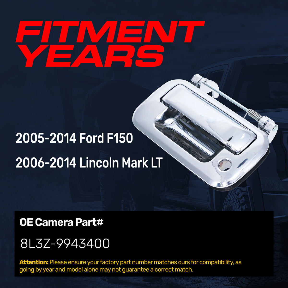 Tailgate Handle Upgraded Chrome Metal Replacement for Ford F150 (2005-2014) / Lincoln Mark LT (2006-2014) OE Part # 8L3Z-9943400 | Tailgate Handle w/ Keyhole