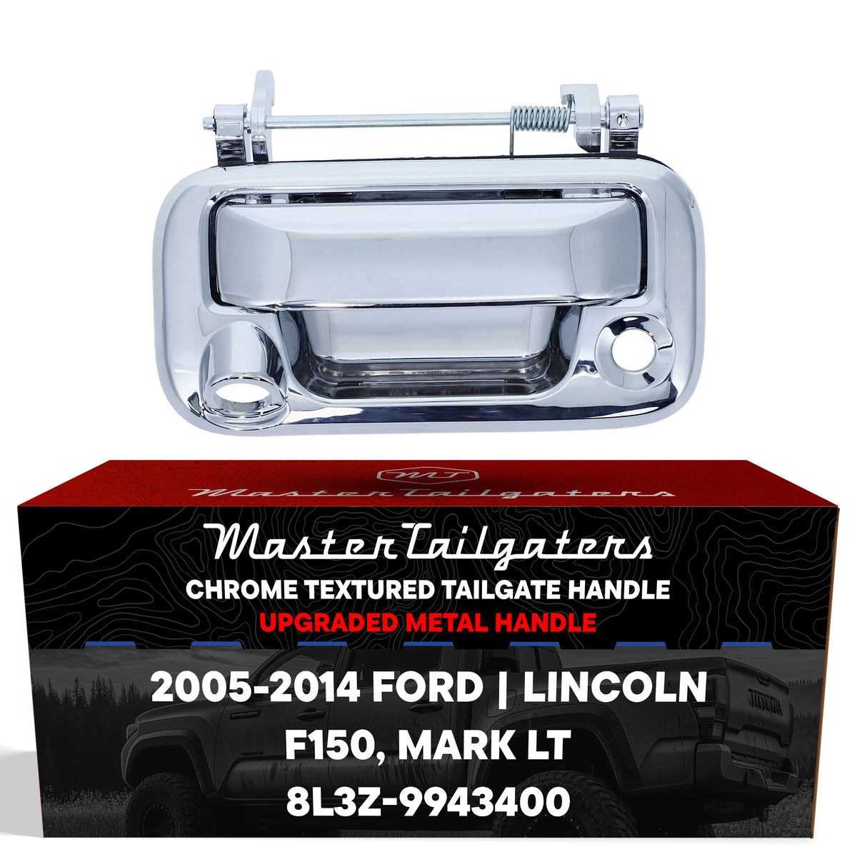 Tailgate Handle Upgraded Chrome Metal Replacement for Ford F150 (2005-2014) / Lincoln Mark LT (2006-2014) OE Part # 8L3Z-9943400 | Tailgate Handle w/ Keyhole, w/ Camera Hole
