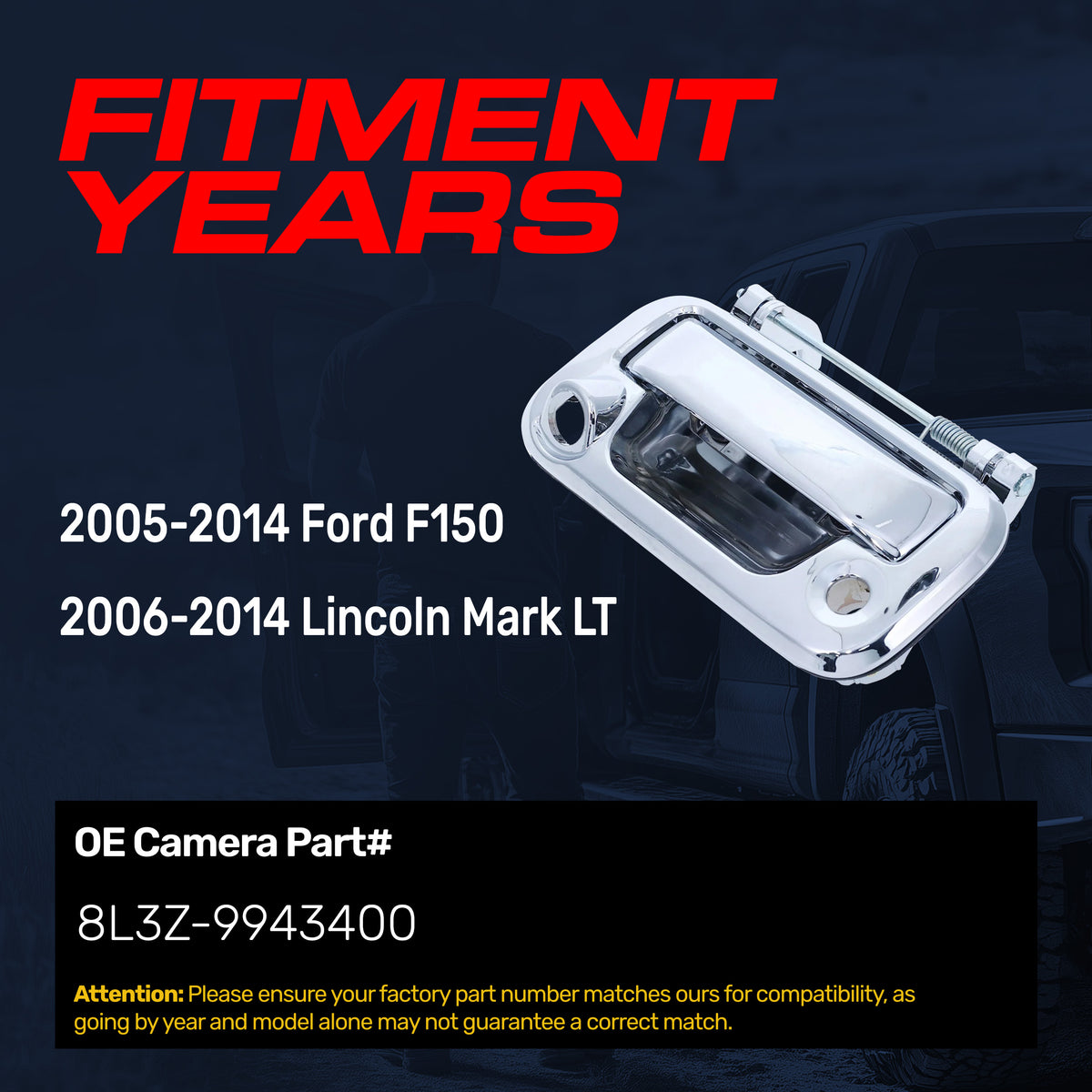 Tailgate Handle Upgraded Chrome Metal Replacement for Ford F150 (2005-2014) / Lincoln Mark LT (2006-2014) OE Part # 8L3Z-9943400 | Tailgate Handle w/ Keyhole, w/ Camera Hole