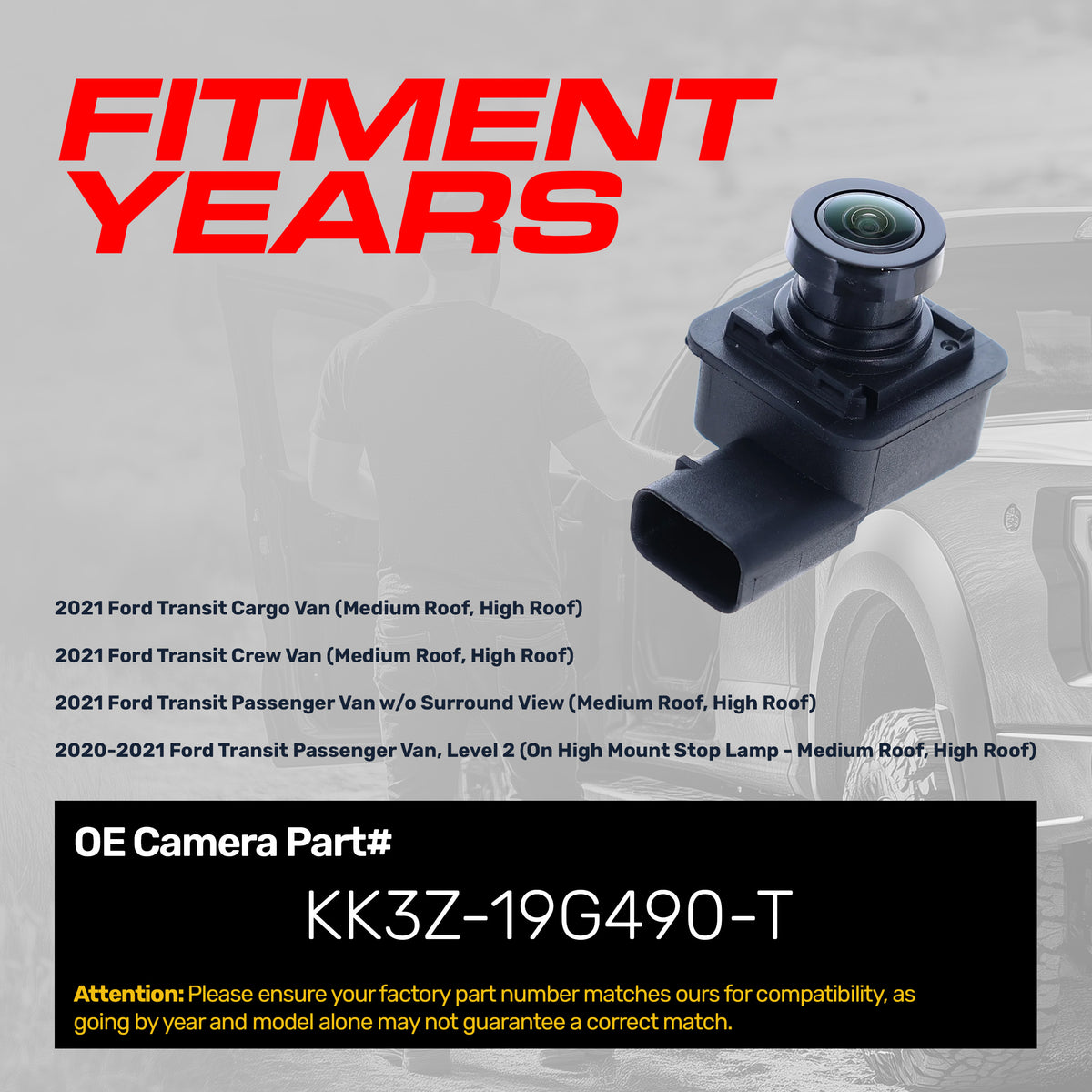 Ford Transit Cargo/Crew Van (2021), Transit Passenger Van (2020-2021) OEM Replacement Backup Camera OE Part # KK3Z-19G490-T