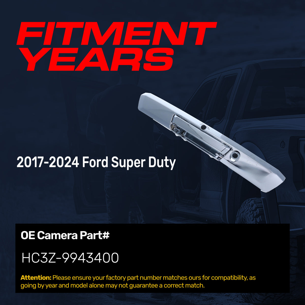 Tailgate Handle Upgraded Chrome Metal Replacement for Ford Super Duty (2017-2024) OE Part # HC3Z-9943400 | Tailgate Handle w/ Keyhole, w/ Camera Hole