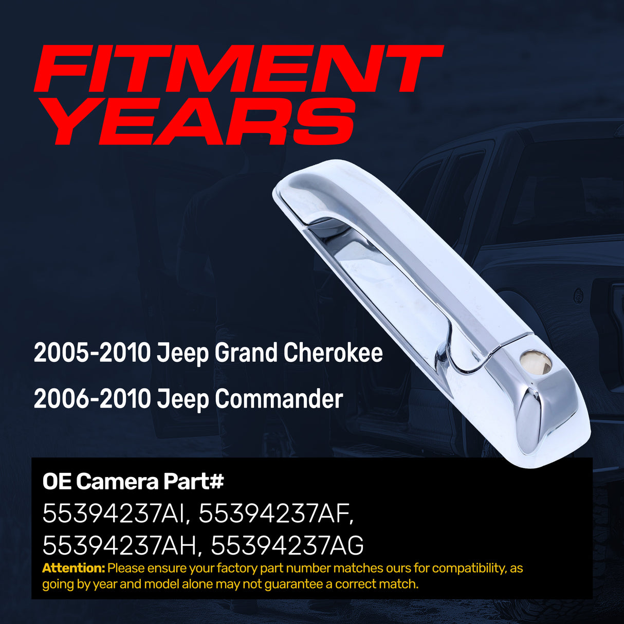 Exterior Door Handle Upgraded Chrome Metal Replacement for Jeep Grand Cherokee (2005-2010), Commander (2006-2010) OE Part # 55394237AI, 55394237AF, 55394237AH, 55394237AG | Front LH w/ Keyhole