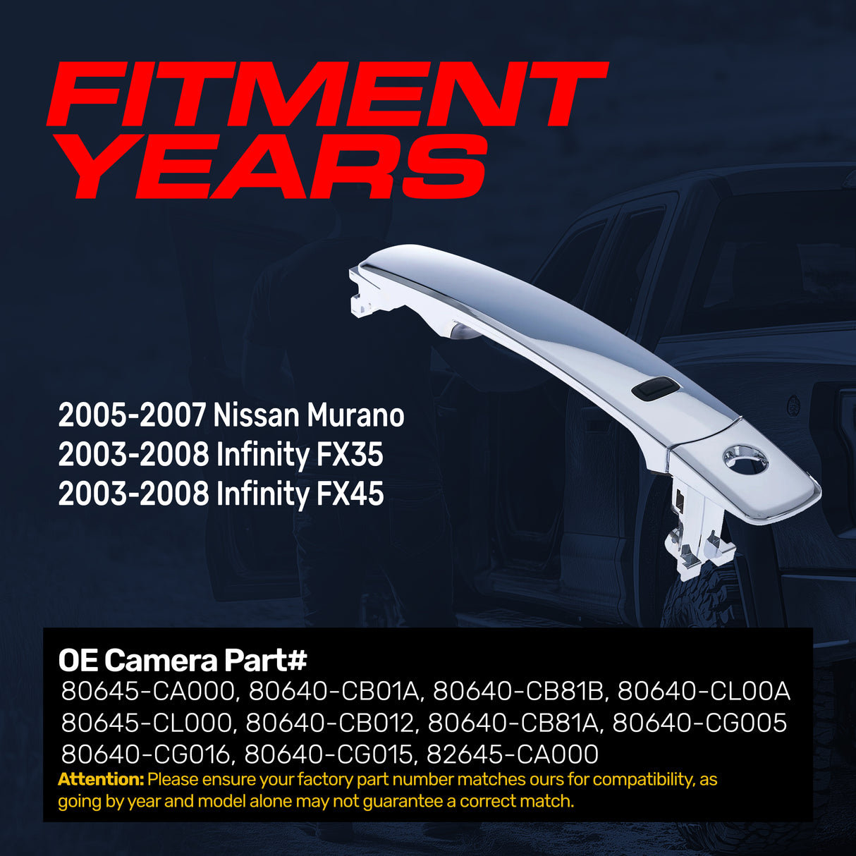 Exterior Door Handle Chrome Replacement for Nissan Murano (05-07) / Infiniti FX35 (03-08), FX45 (03-08) OE Part # 80645-CA000, 80640-CB01A, 80640-CB81B, 80640-CL00A | Front Left Driver Side