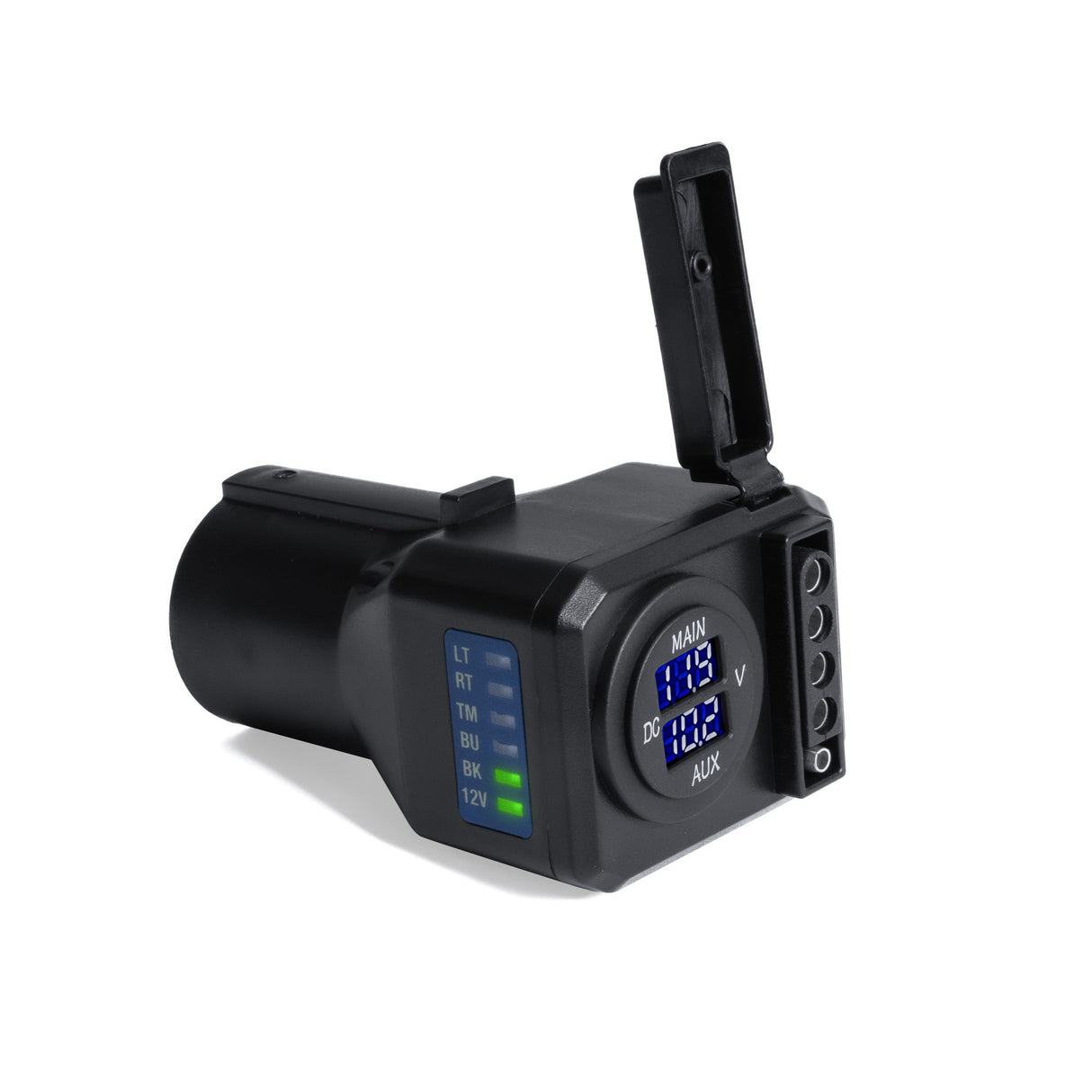 Multiple-Tow Trailer Hitch Adapter with LED Voltage Indicators & Digital Input/Output Voltage Displays - 7-Way Blade Input to 4/5 Flat Pin Output