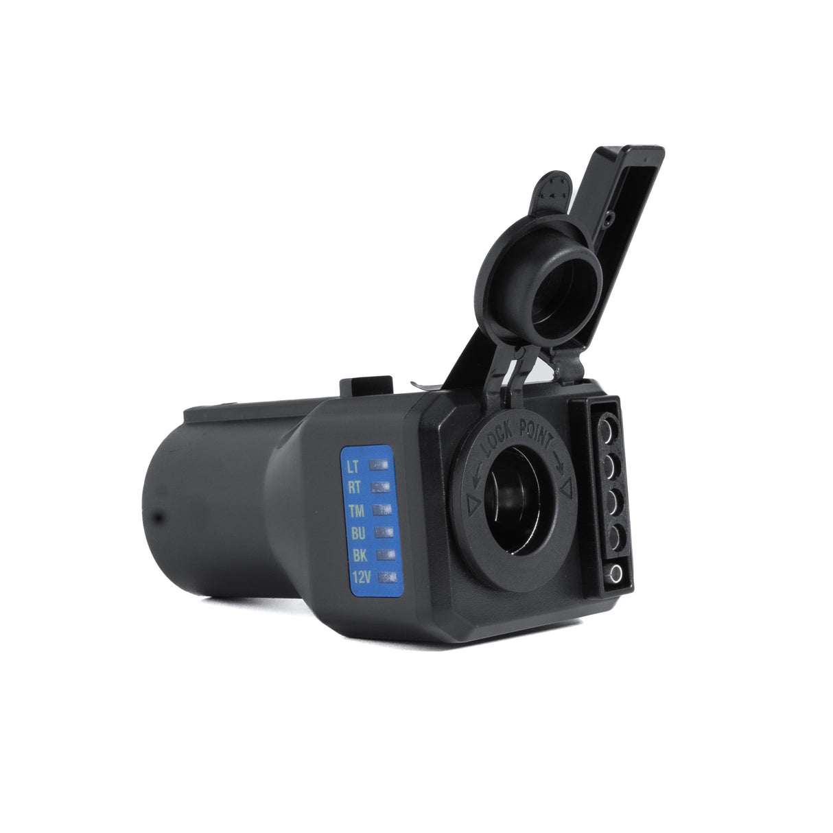 Multiple-Tow Trailer Hitch Adapter with LED Circuit Indicators & Voltage Status Light - 7-Way Blade Input to 4/5 Flat Pin & 12V DC Port Output