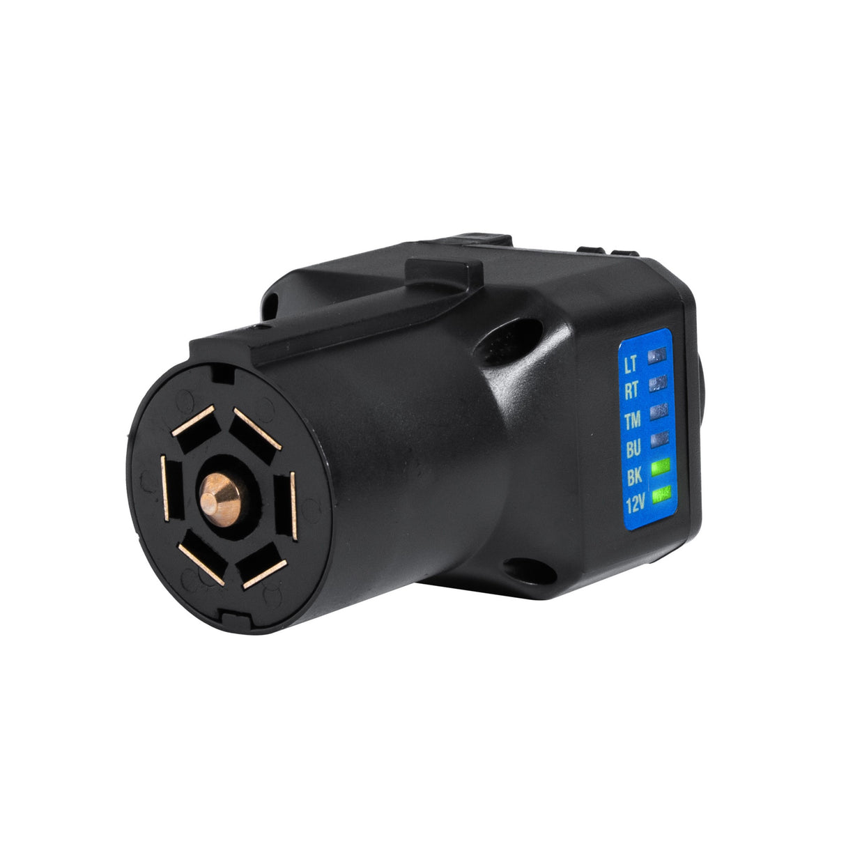 Multiple-Tow Trailer Hitch Adapter with LED Circuit Indicators & Voltage Status Light - 7-Way Blade Input to 4/5 Flat Pin & 12V DC Port Output