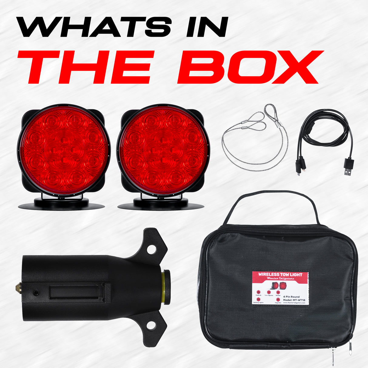 Master Tailgaters Wireless Pivot Tow Lights with Battery | Multi Functional Signal Lights | Sturdy Magnetic Mount | 7 Pin Blade Round Adapter Connection w/USB | Reverse Lights Function