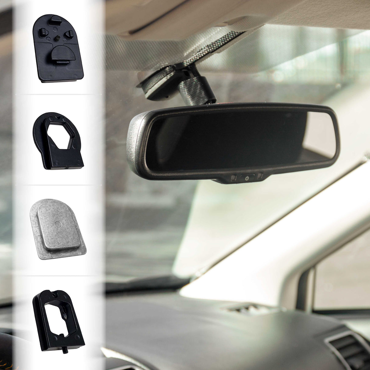 Rear View Mirror FOUR Metal Bracket Adapters with Universal Mirror Mounting Button Base | Compatible with Volkswagen, Audi, Dodge, Ford, Honda