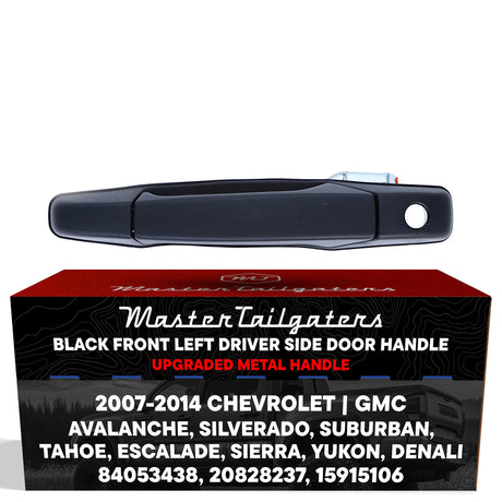 Exterior Door Handle Upgraded Black Metal Replacement for Chevrolet Avalanche, Silverado, Suburban, Tahoe / Cadillac Escalade / GMC Sierra, Yukon (2007-2014) OE Part # 84053438, 20828237, 15915106 | Front LH w/Keyhole - Master Tailgaters