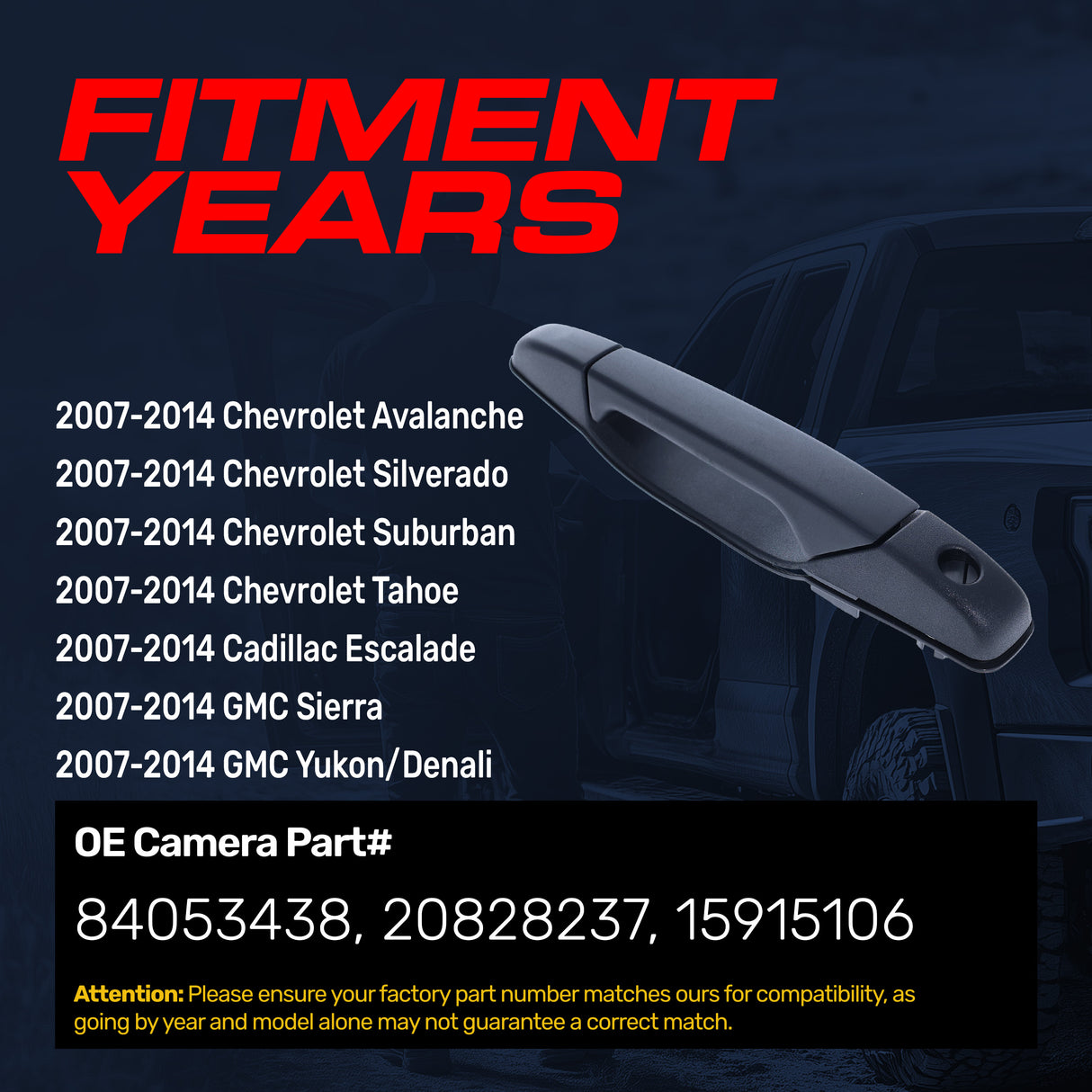 Exterior Door Handle Upgraded Black Metal Replacement for Chevrolet Avalanche, Silverado, Suburban, Tahoe / Cadillac Escalade / GMC Sierra, Yukon (2007-2014) OE Part # 84053438, 20828237, 15915106 | Front LH w/Keyhole - Master Tailgaters