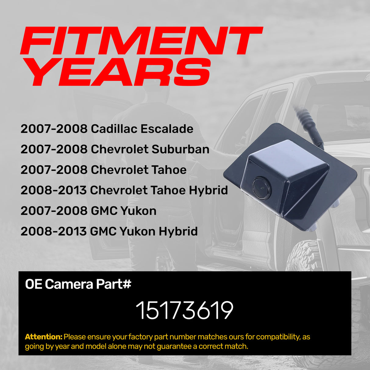 Cadillac Escalade (07-08) / Chevrolet Suburban (07-08), Tahoe (07-08), Tahoe Hybrid (08-13) / GMC Yukon (07-08), Yukon Hybrid (08-13) OEM Replacement Backup Camera OE Part # 15173619 - Master Tailgaters