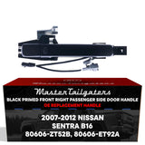 Exterior Door Handle Black Primed Replacement for Nissan Sentra B16 (2007-2012) (Smart Entry System w/ Sensor) OE Part # 80606-ZT52B, 80606-ET92A | Front Right Passenger Side w/o Keyhole
