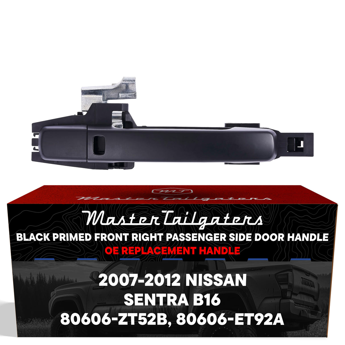 Exterior Door Handle Black Primed Replacement for Nissan Sentra B16 (2007-2012) (Smart Entry System w/o Sensor) OE Part # 80606-ZT52B, 80606-ET92A | Front Right Passenger Side w/o Keyhole