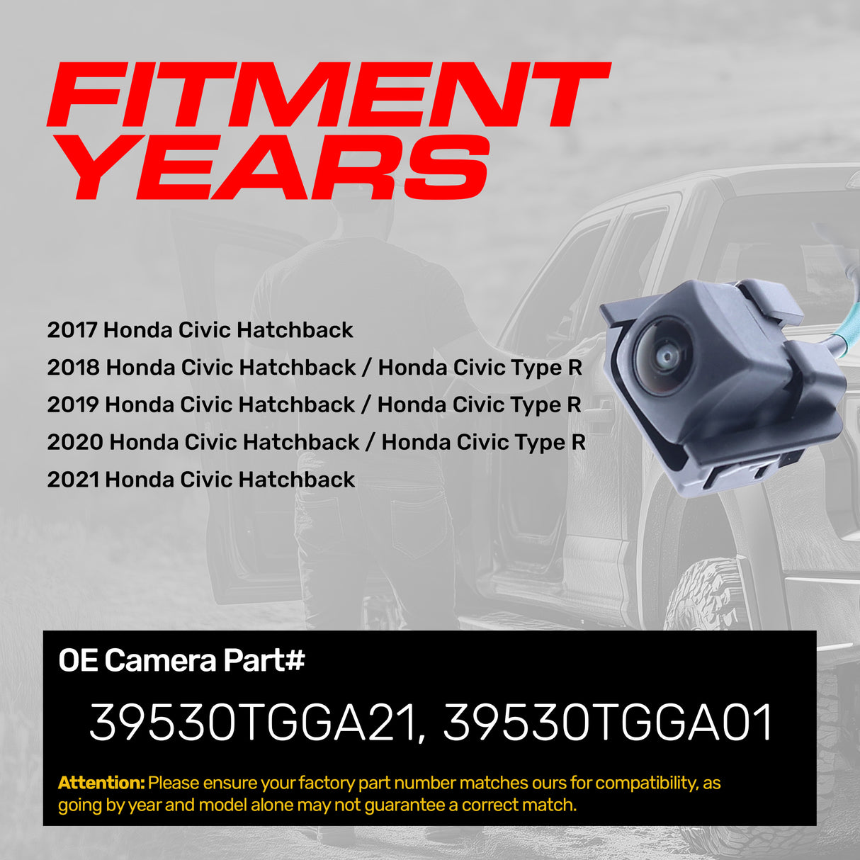 Honda Civic Hatchback (2017-2021), Civic Type R (2018-2020) OEM Replacement Backup Camera OE Part # 39530-TGG-A21, 39530-TGG-A01