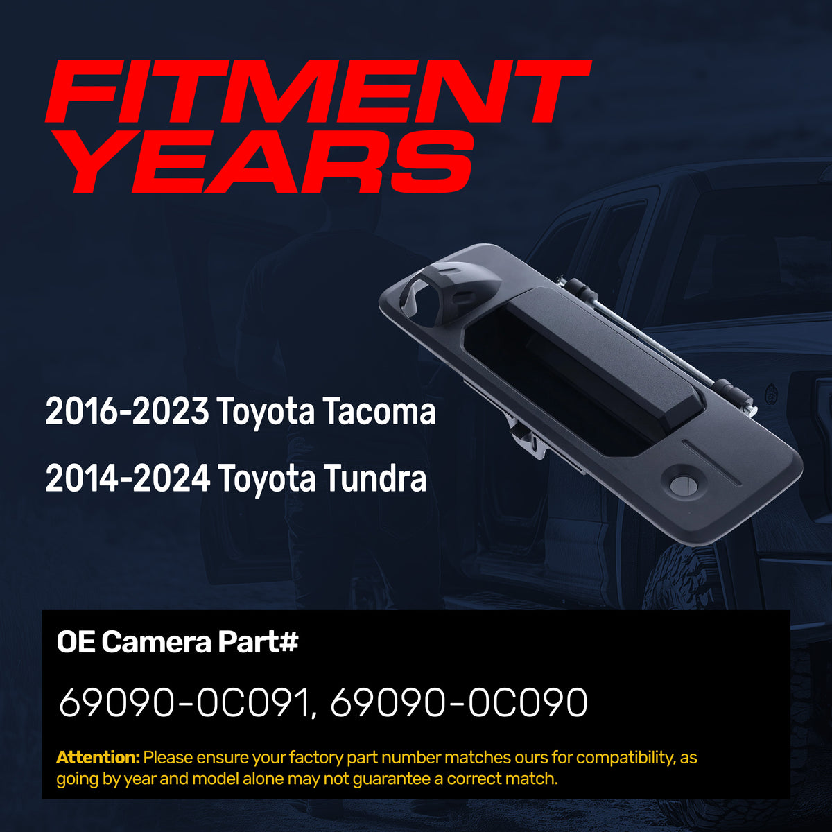 Tailgate Handle Upgraded Black Metal Replacement for Toyota Tacoma (2016-2023), Tundra (2014-2024) OE Part # 69090-0C091, 69090-0C090 | Tailgate Handle w/ Rear Camera Hole, w/ Keyhole